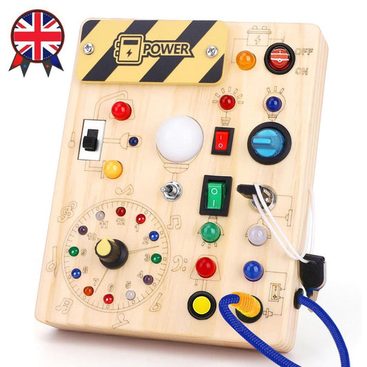 Montessori wooden LED busy board – close-up of activity panel – Bambelou UK