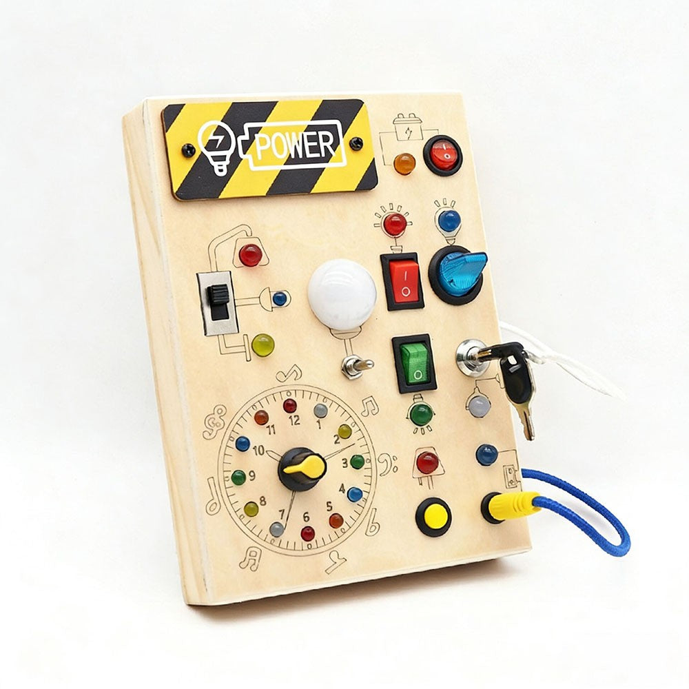 Montessori wooden LED busy board – full board layout with all activities – Bambelou UK