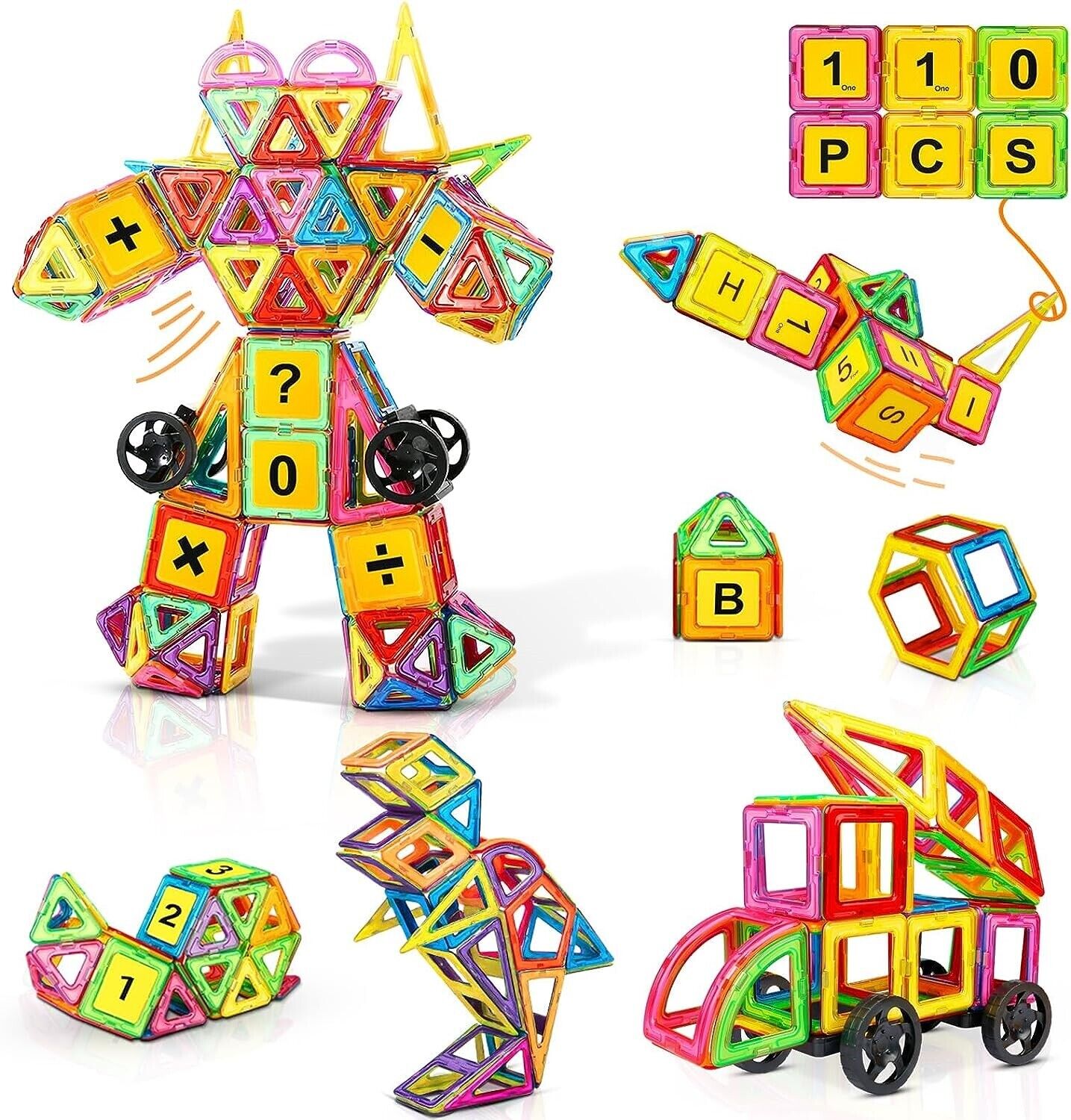 110-piece magnetic building tiles with wheels – magnetic connection detail – Bambelou UK