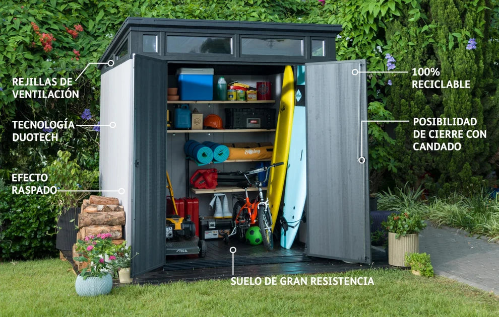 6 x 8 ft Outdoor Resin Garden Shed, Wood-Look Waterproof Storage Shed with Double Lockable Doors