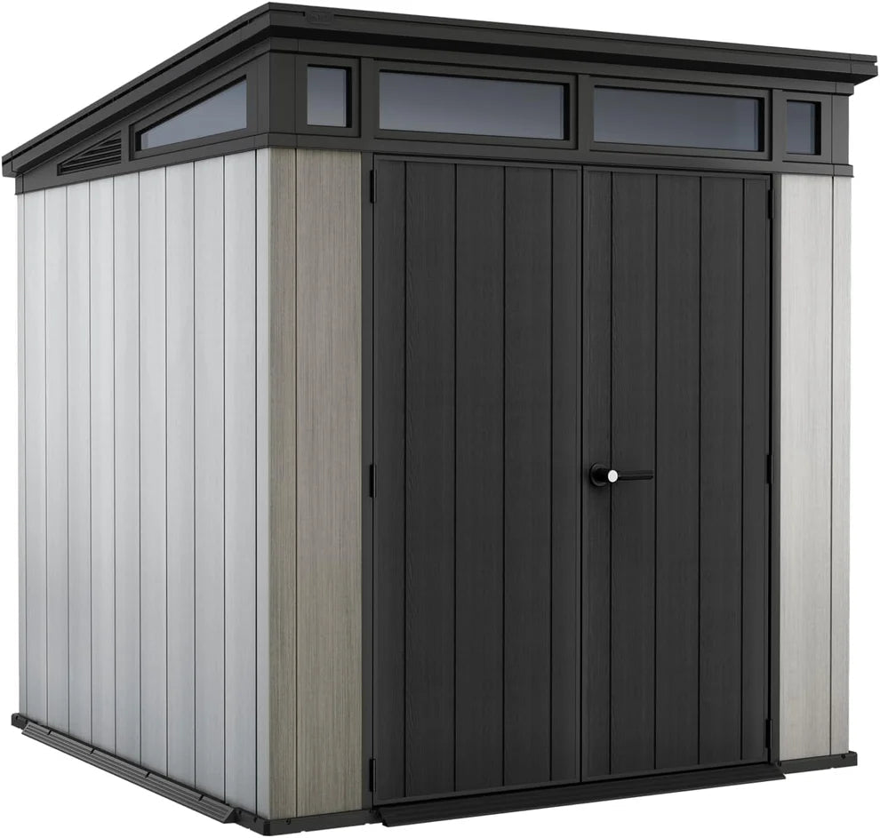 6 x 8 ft Outdoor Resin Garden Shed, Wood-Look Waterproof Storage Shed with Double Lockable Doors