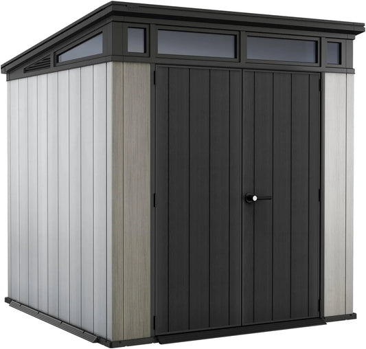 6 x 8 ft Outdoor Resin Garden Shed, Wood-Look Waterproof Storage Shed with Double Lockable Doors