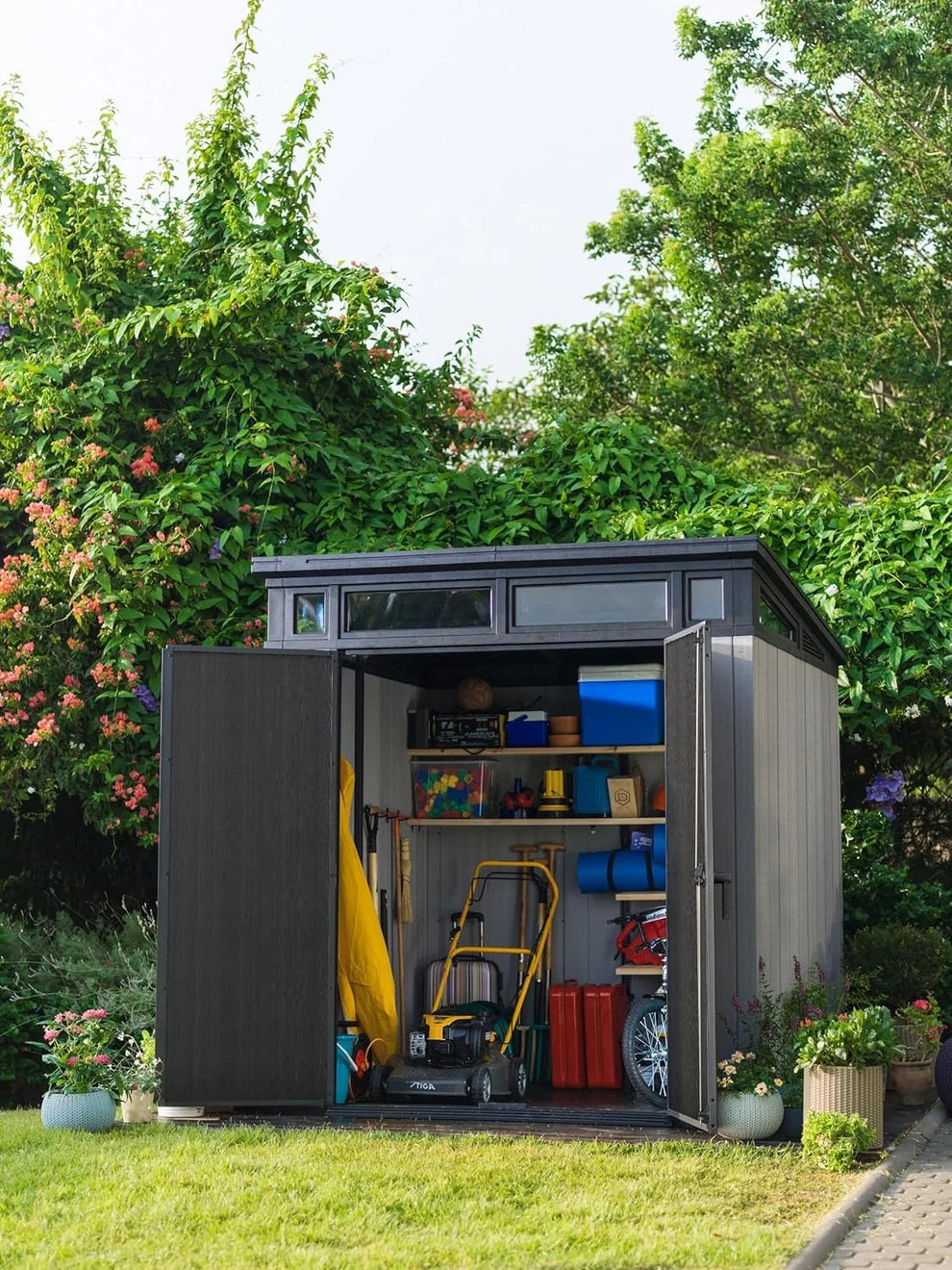 6 x 8 ft Outdoor Resin Garden Shed, Wood-Look Waterproof Storage Shed with Double Lockable Doors