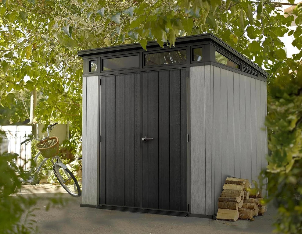 6 x 8 ft Outdoor Resin Garden Shed, Wood-Look Waterproof Storage Shed with Double Lockable Doors