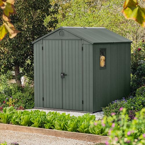 8 x 6 ft Outdoor Garden Storage Shed with Double Doors, Skylight Window & Heavy Duty Floor Panel