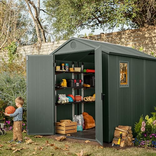 8 x 6 ft Outdoor Garden Storage Shed with Double Doors, Skylight Window & Heavy Duty Floor Panel