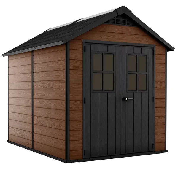 Keter Newton 7x9ft brown wood-effect garden shed with double doors and apex roof