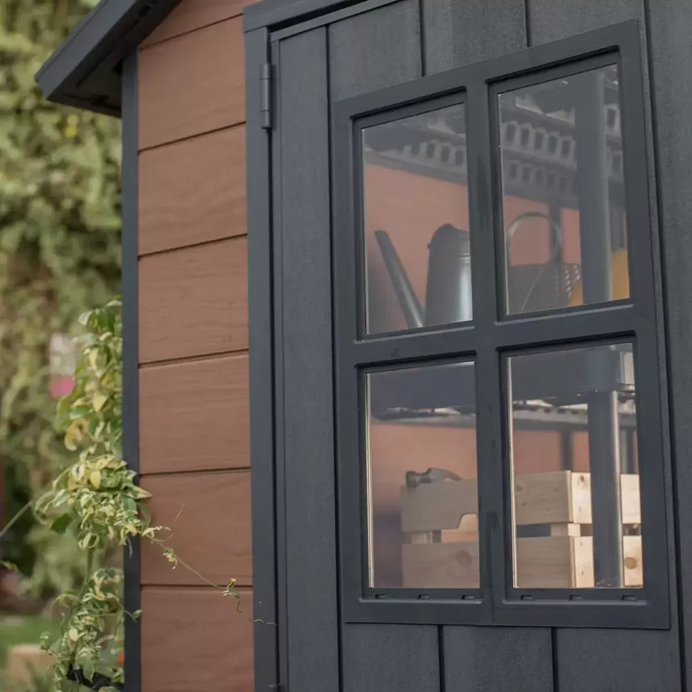 Apex roof design on Keter Newton 7x9ft brown garden shed