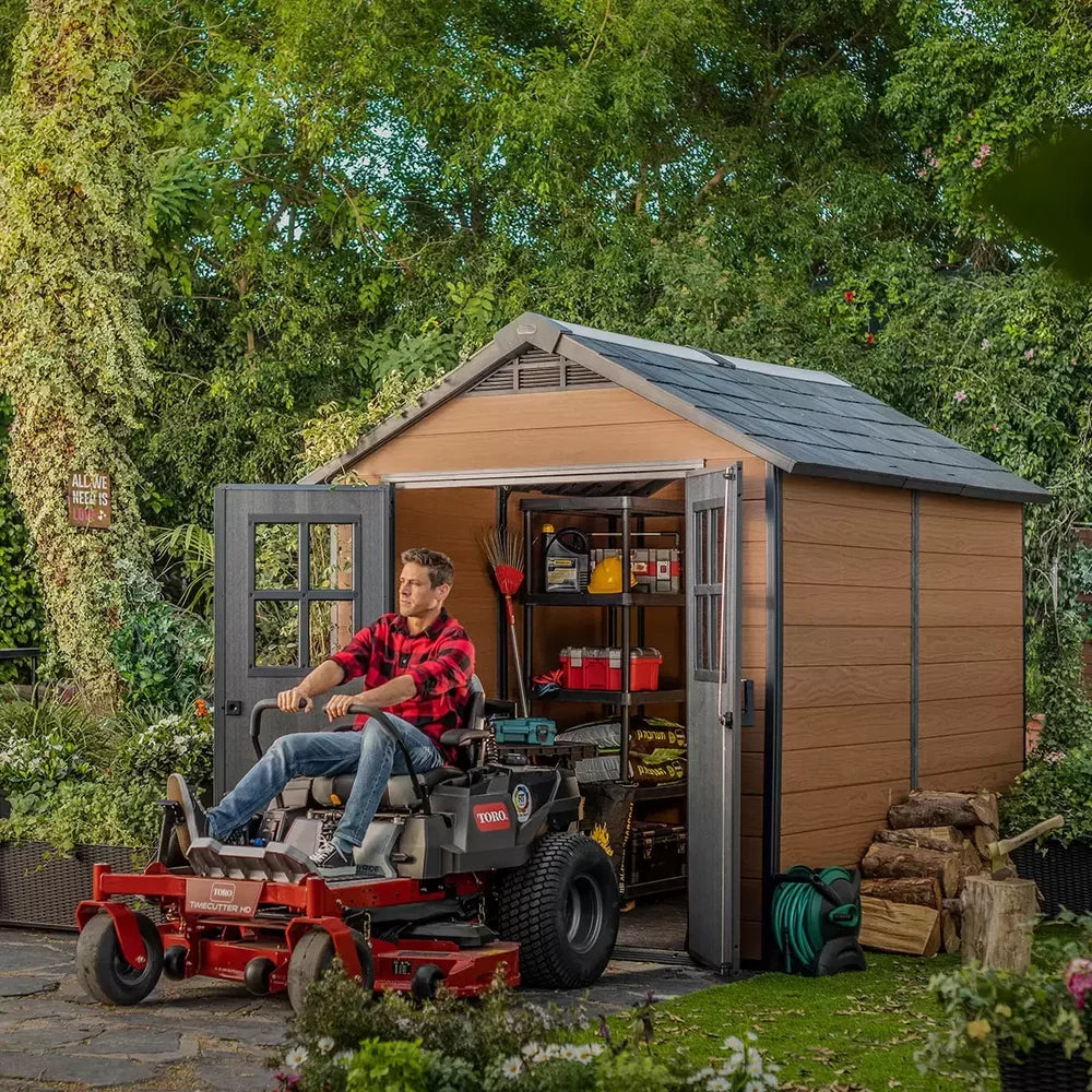 Close-up of Keter Newton garden shed double doors with padlock hasp fitting