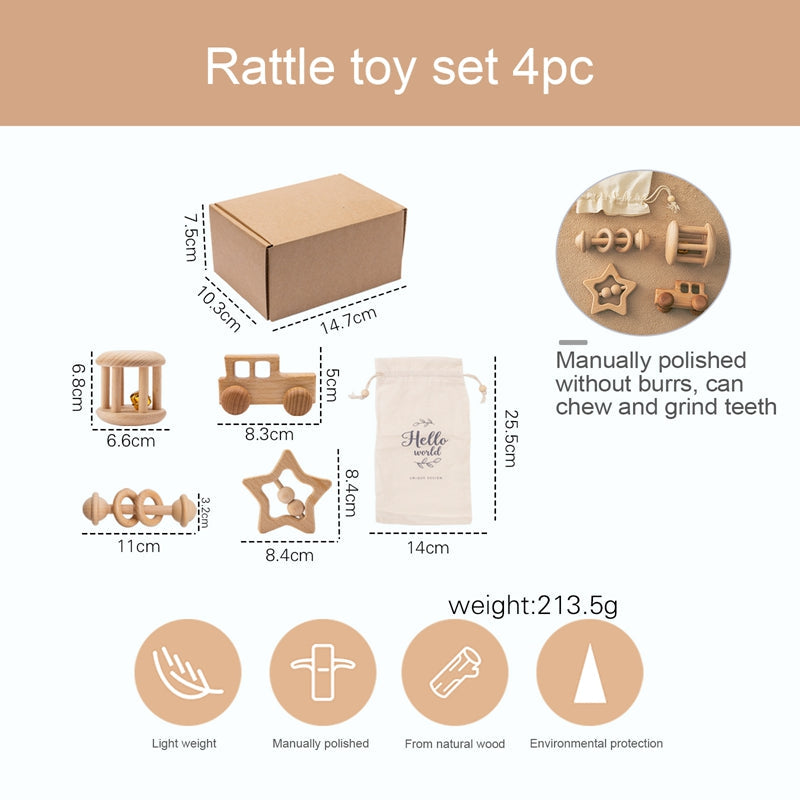 Montessori wooden baby rattle set – full set of rattles laid out – Bambelou UK