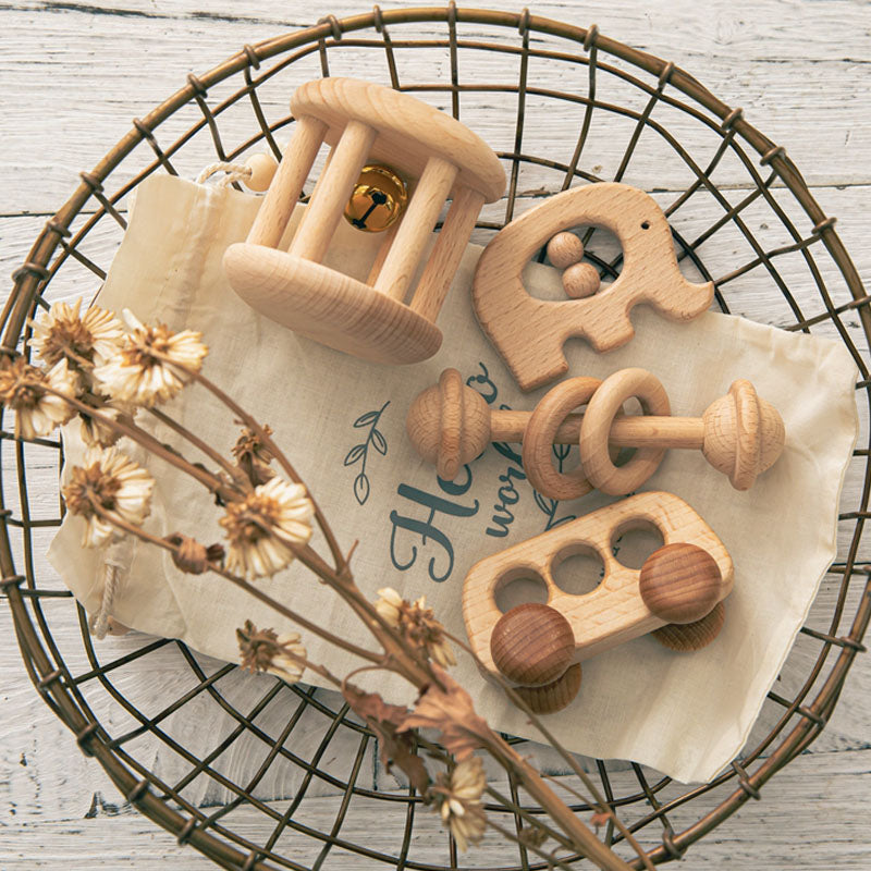 Montessori wooden baby rattle set – individual rattle shapes detail – Bambelou UK