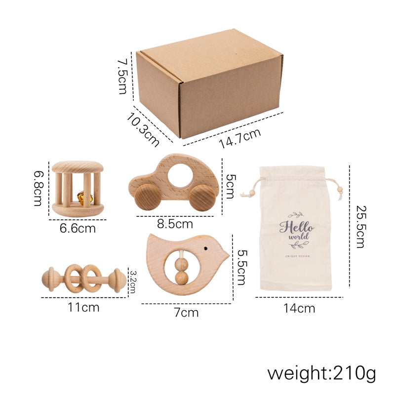 Montessori wooden baby rattle set – size comparison with baby's hand – Bambelou UK
