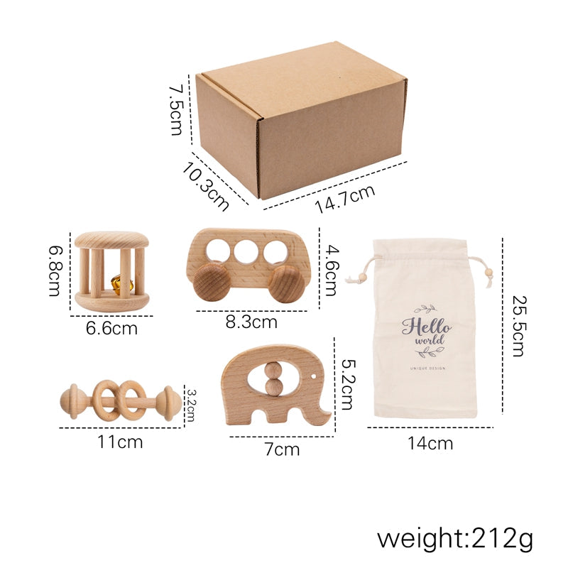 Montessori wooden baby rattle set – close-up of natural wood grain – Bambelou UK