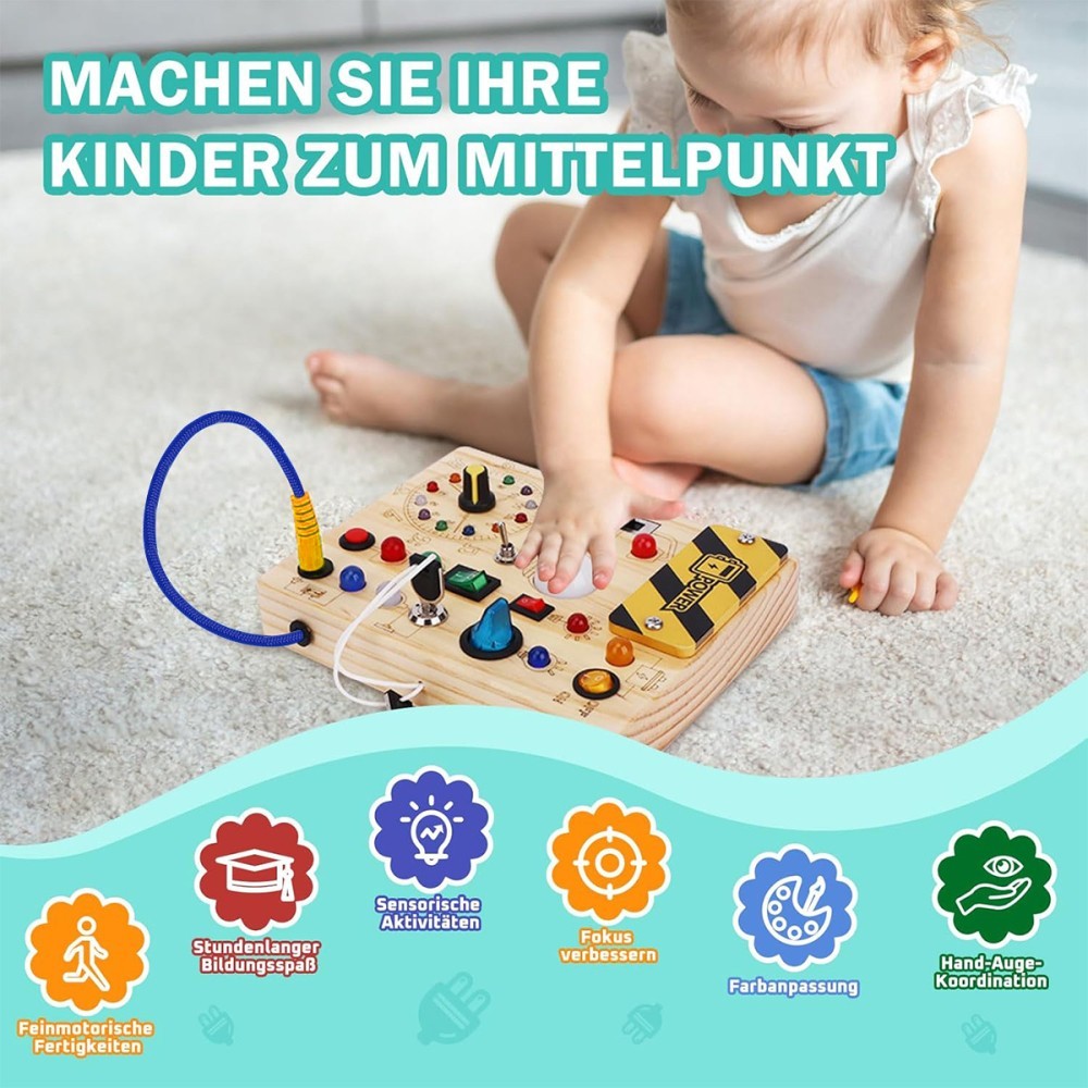 Montessori wooden LED busy board – back view showing sturdy wooden frame – Bambelou UK