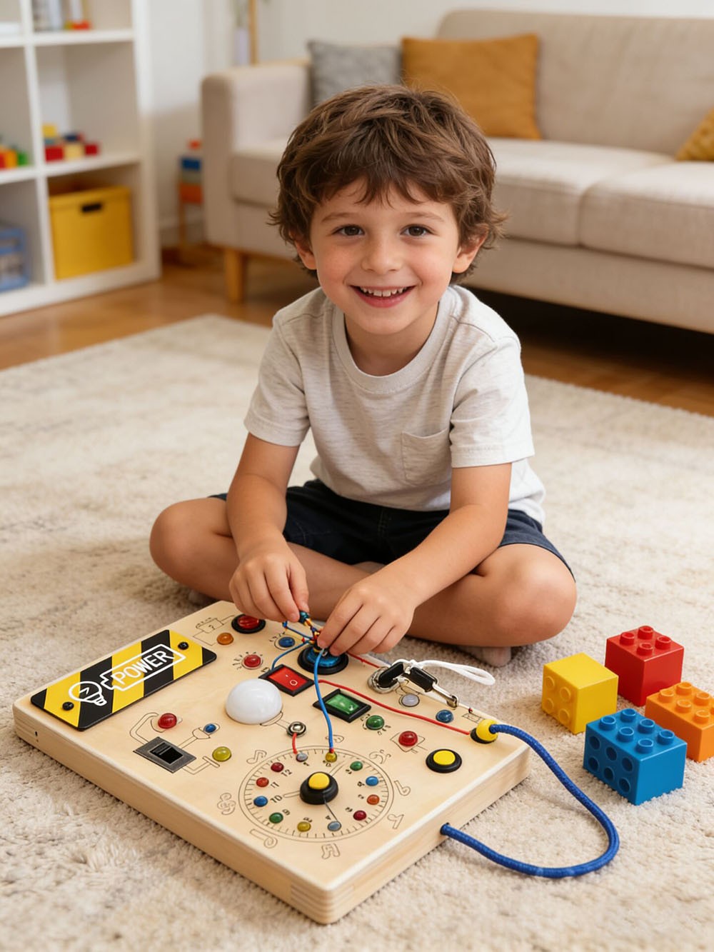 Montessori wooden LED busy board – view of buttons, latches and zippers panel – Bambelou UK