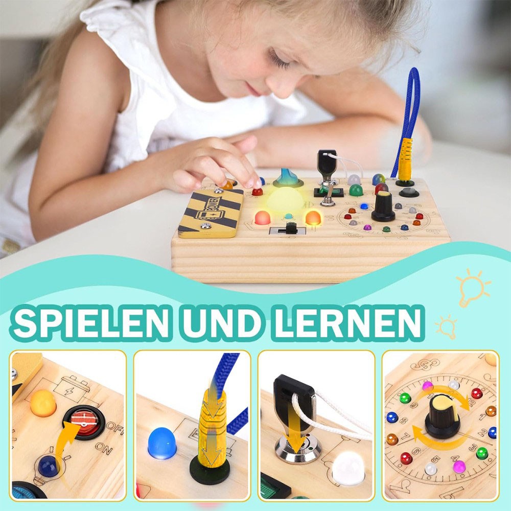 Montessori wooden LED busy board – child playing with switches and gears – Bambelou UK