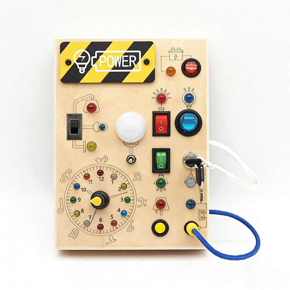 Montessori wooden LED busy board – LED lights and light-up buttons detail – Bambelou UK