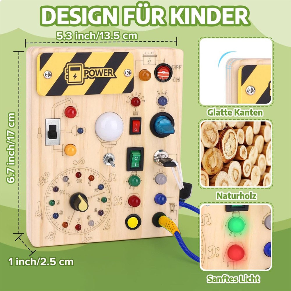 Montessori wooden LED busy board – shown with retail packaging – Bambelou UK