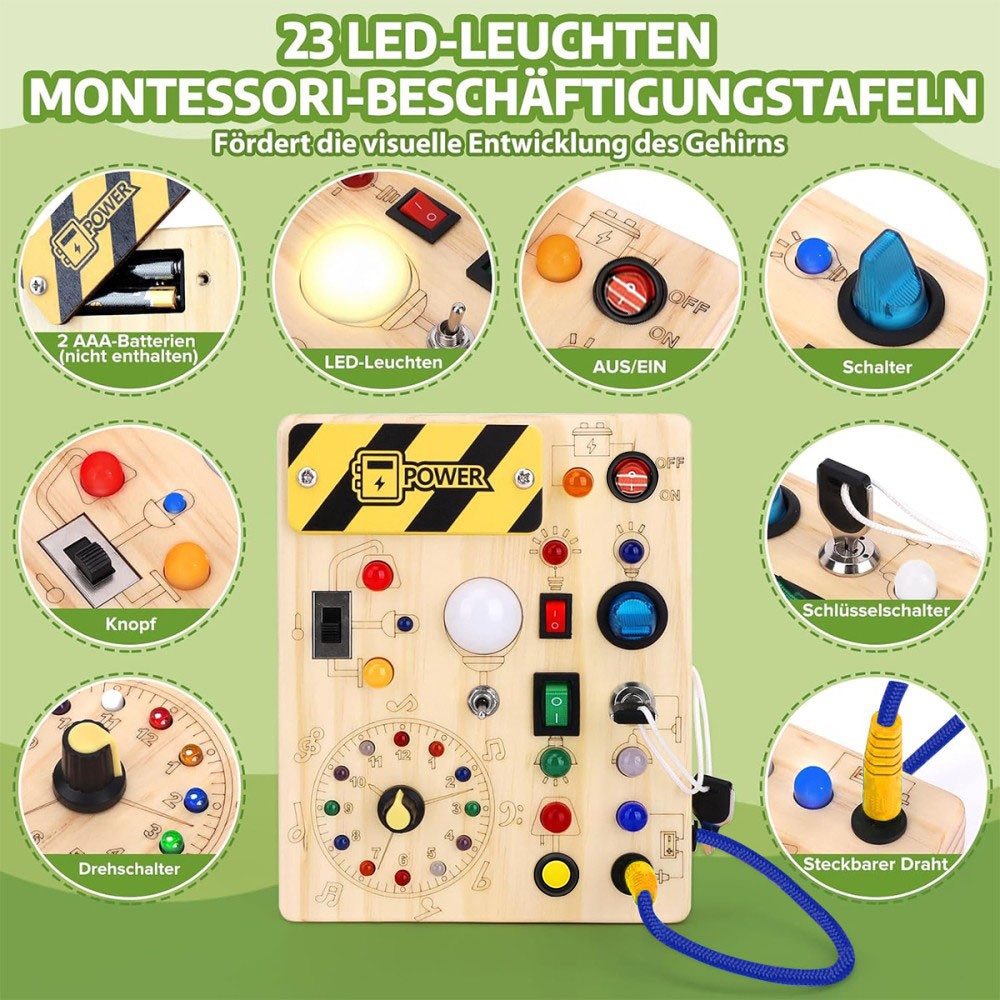 Montessori wooden LED busy board – toddler exploring sensory panel – Bambelou UK
