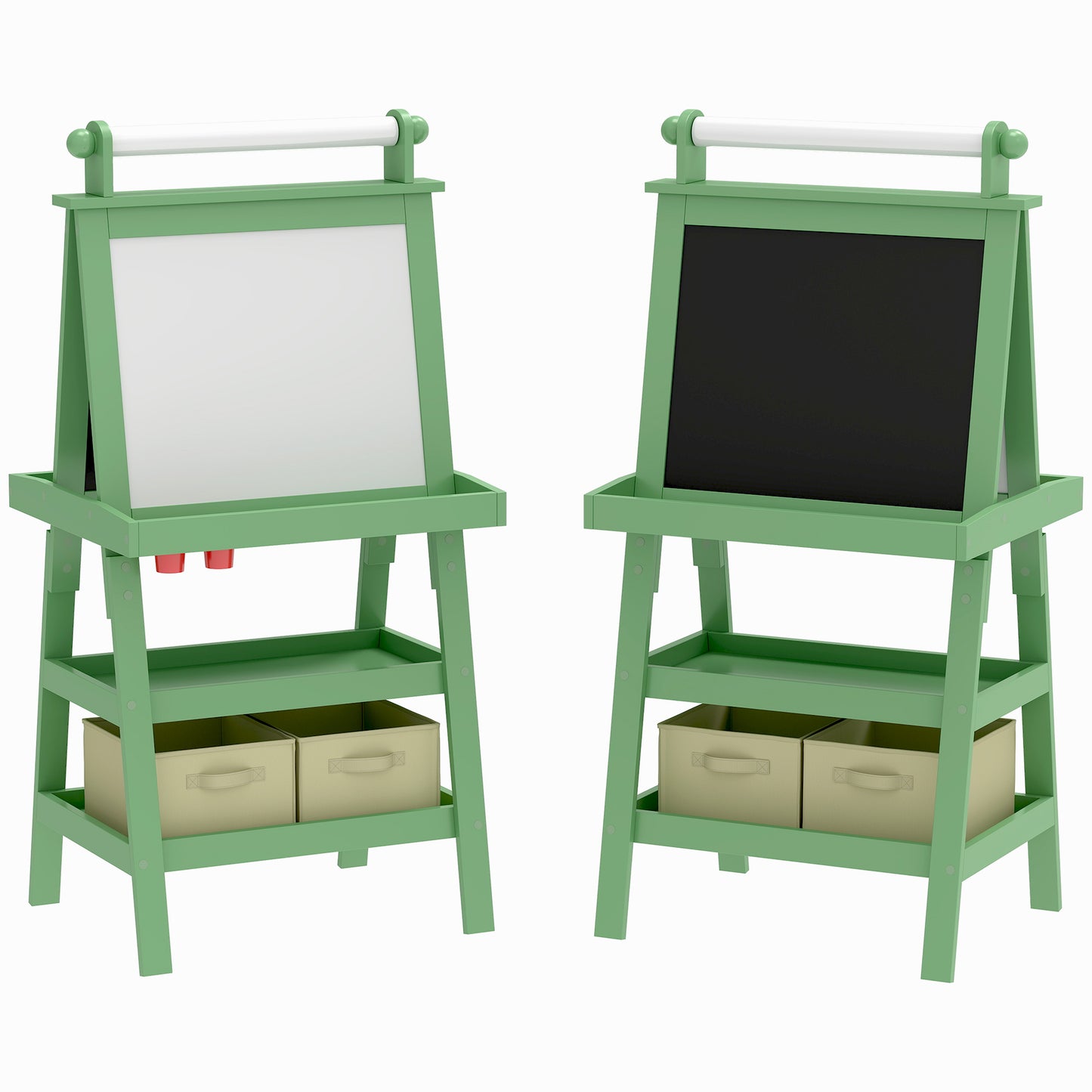 Green kids 3-in-1 art easel with magnetic whiteboard, chalkboard, paper roll and storage baskets for ages 3 to 8 — Bambelou UK