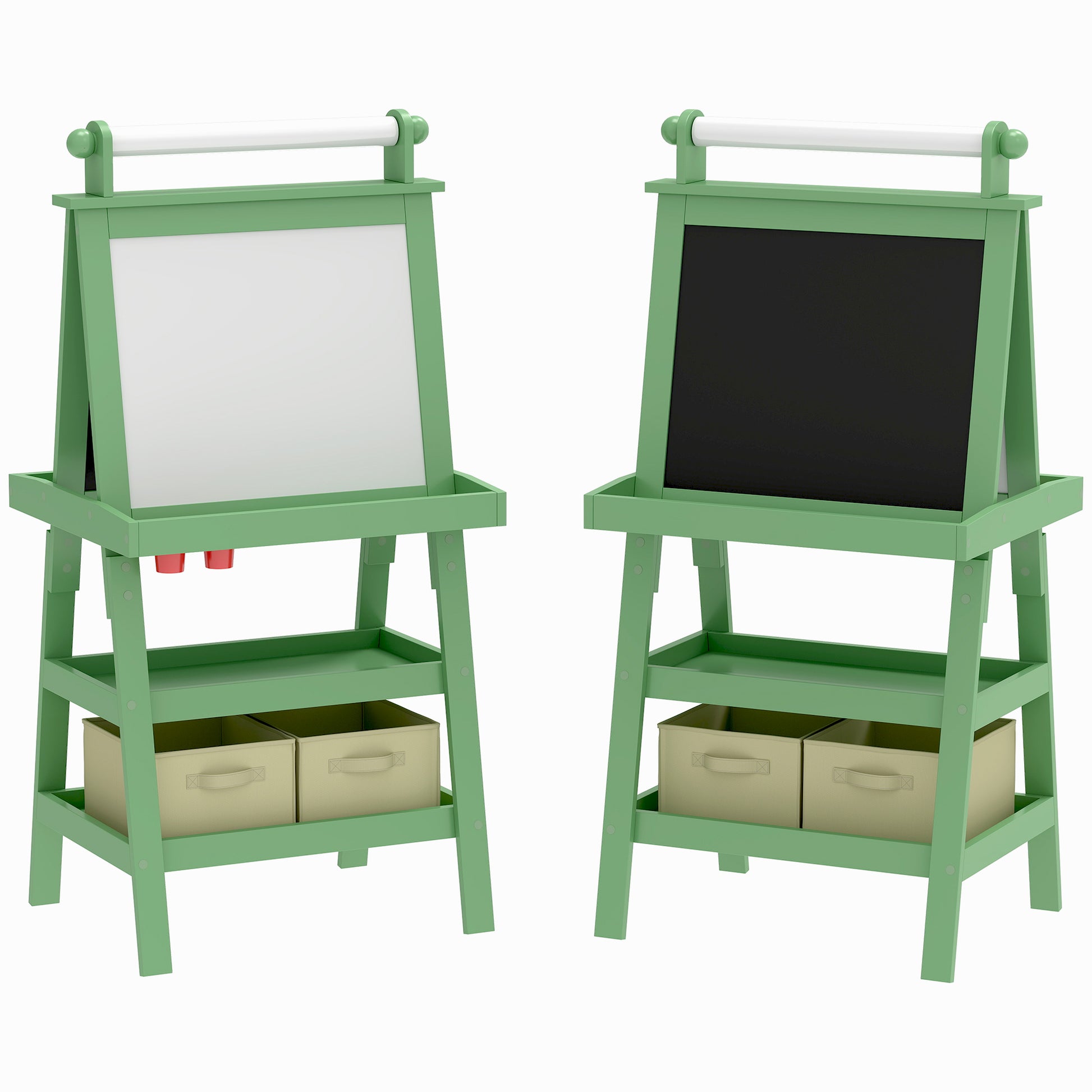 Green kids 3-in-1 art easel with magnetic whiteboard, chalkboard, paper roll and storage baskets for ages 3 to 8 — Bambelou UK