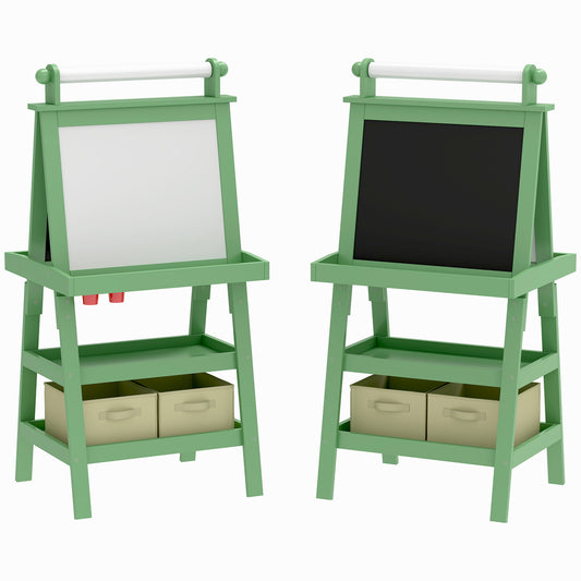 Green kids 3-in-1 art easel with magnetic whiteboard, chalkboard, paper roll and storage baskets for ages 3 to 8 — Bambelou UK