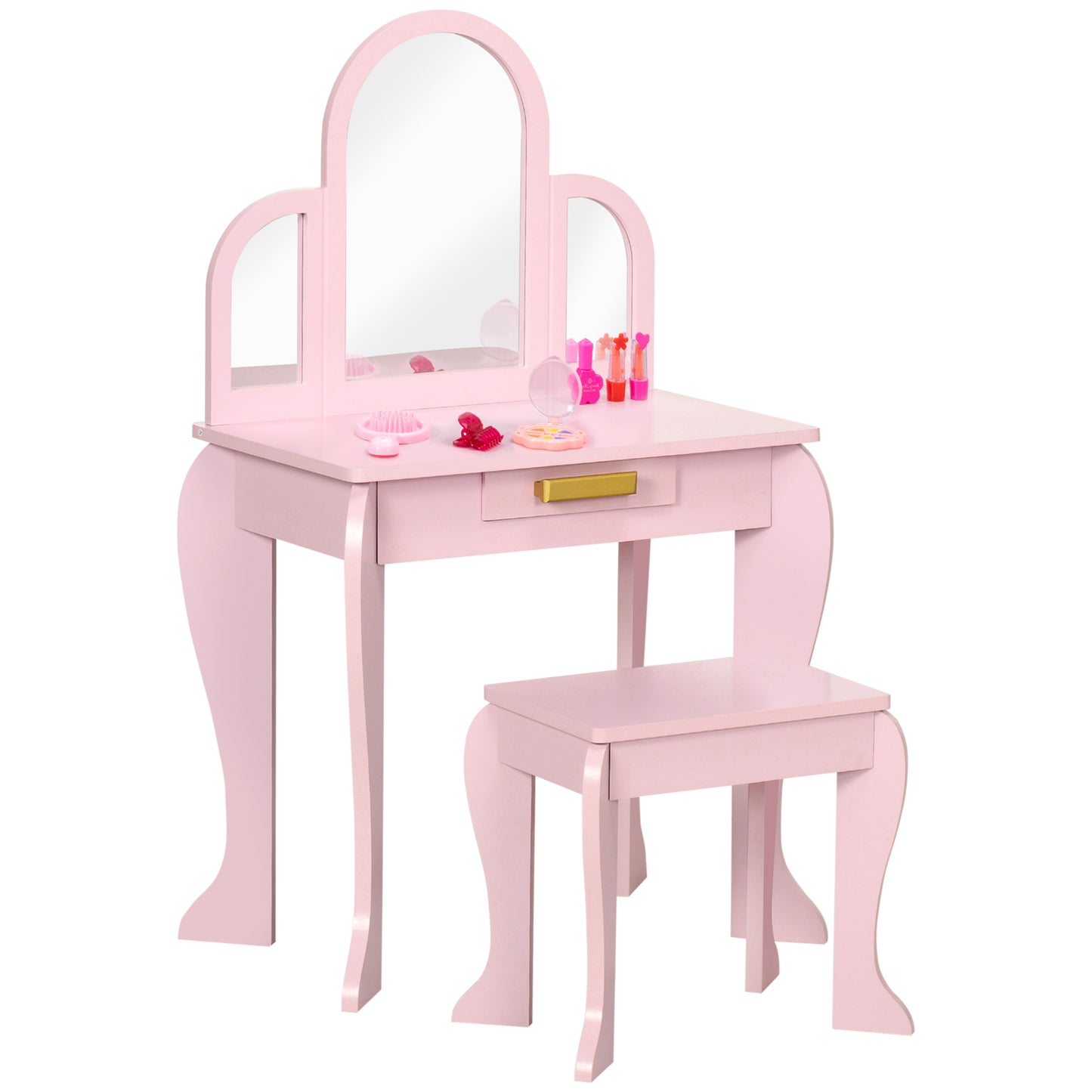 Pink wooden kids dressing table set with triple mirror and stool for girls aged 3 to 6 — Bambelou UK