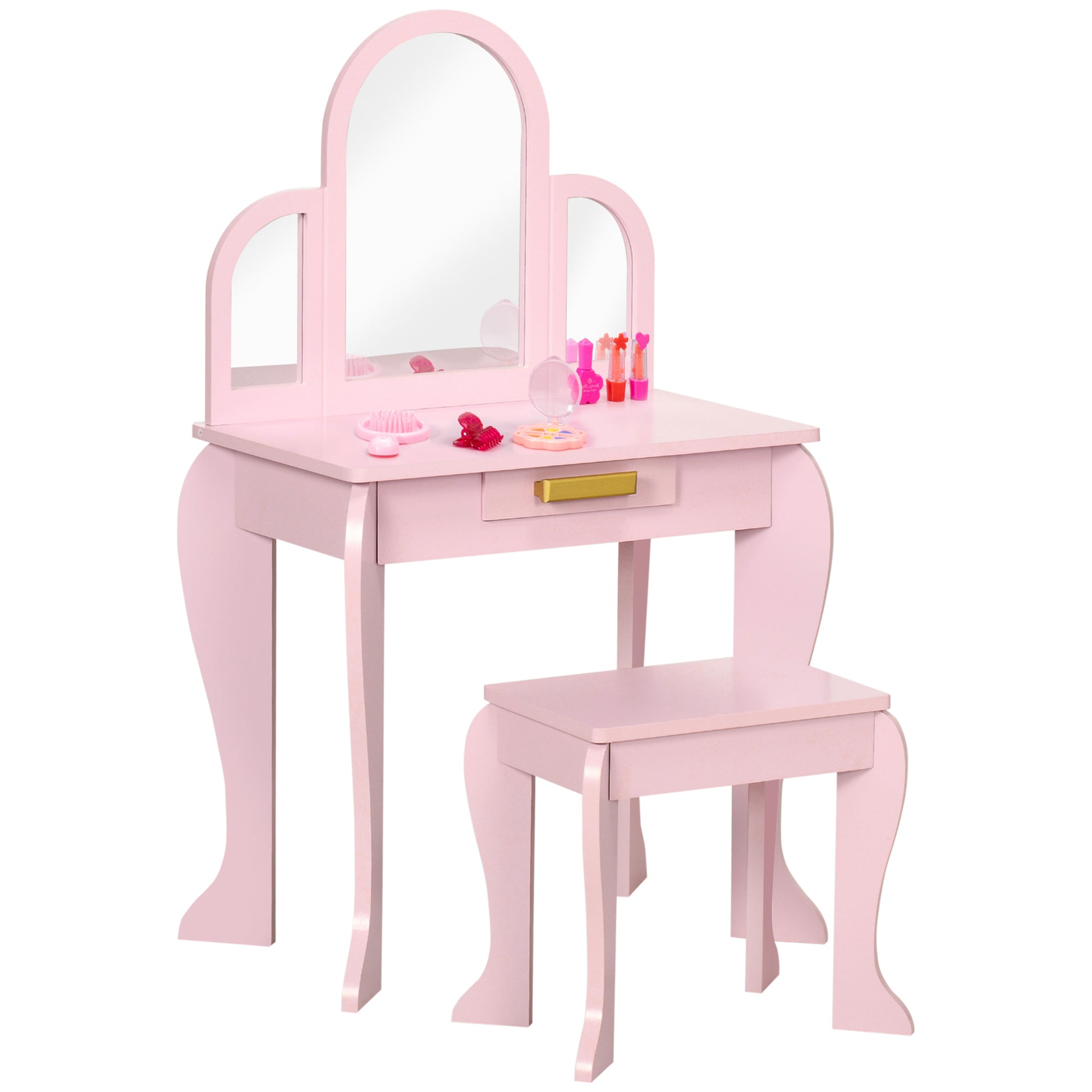 Pink wooden kids dressing table set with triple mirror and stool for girls aged 3 to 6 — Bambelou UK
