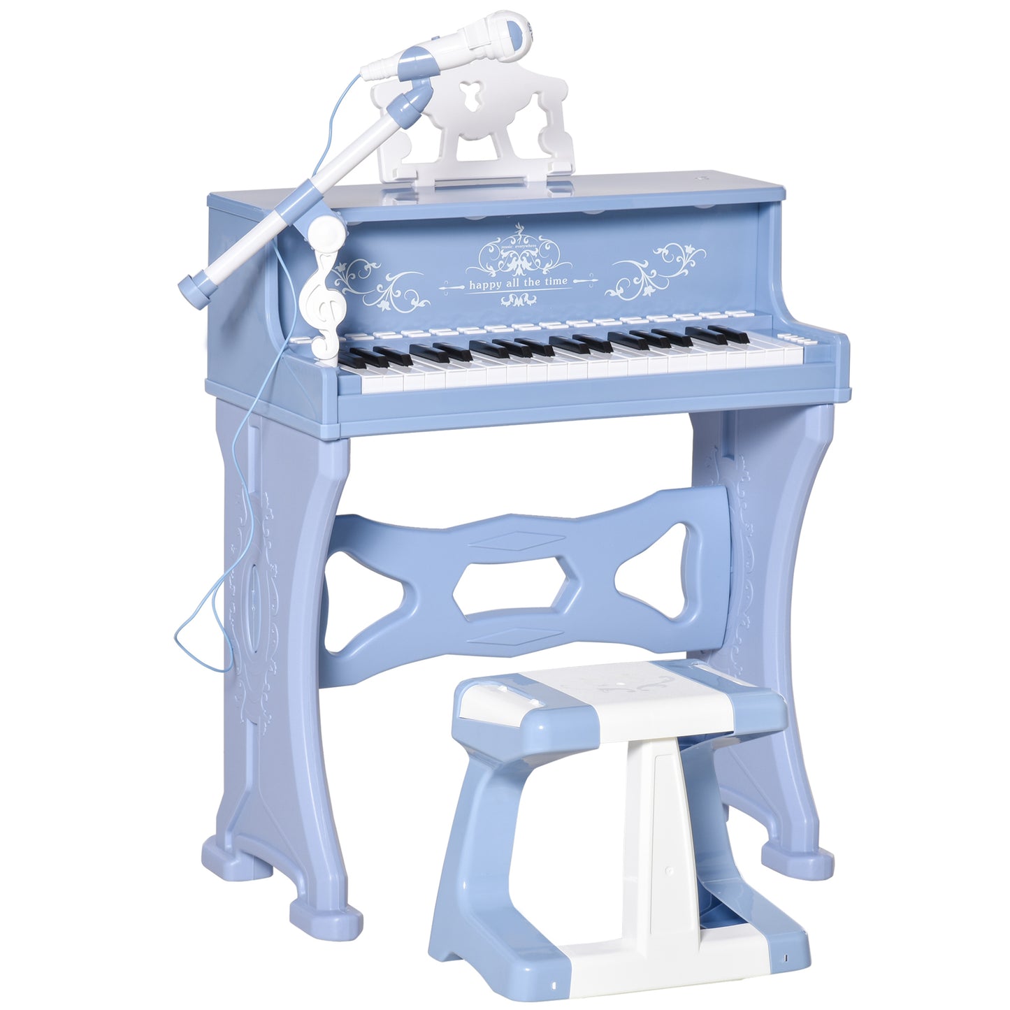 Blue kids electronic grand piano toy with 37 keys, microphone and stool for children aged 3-8 — Bambelou UK