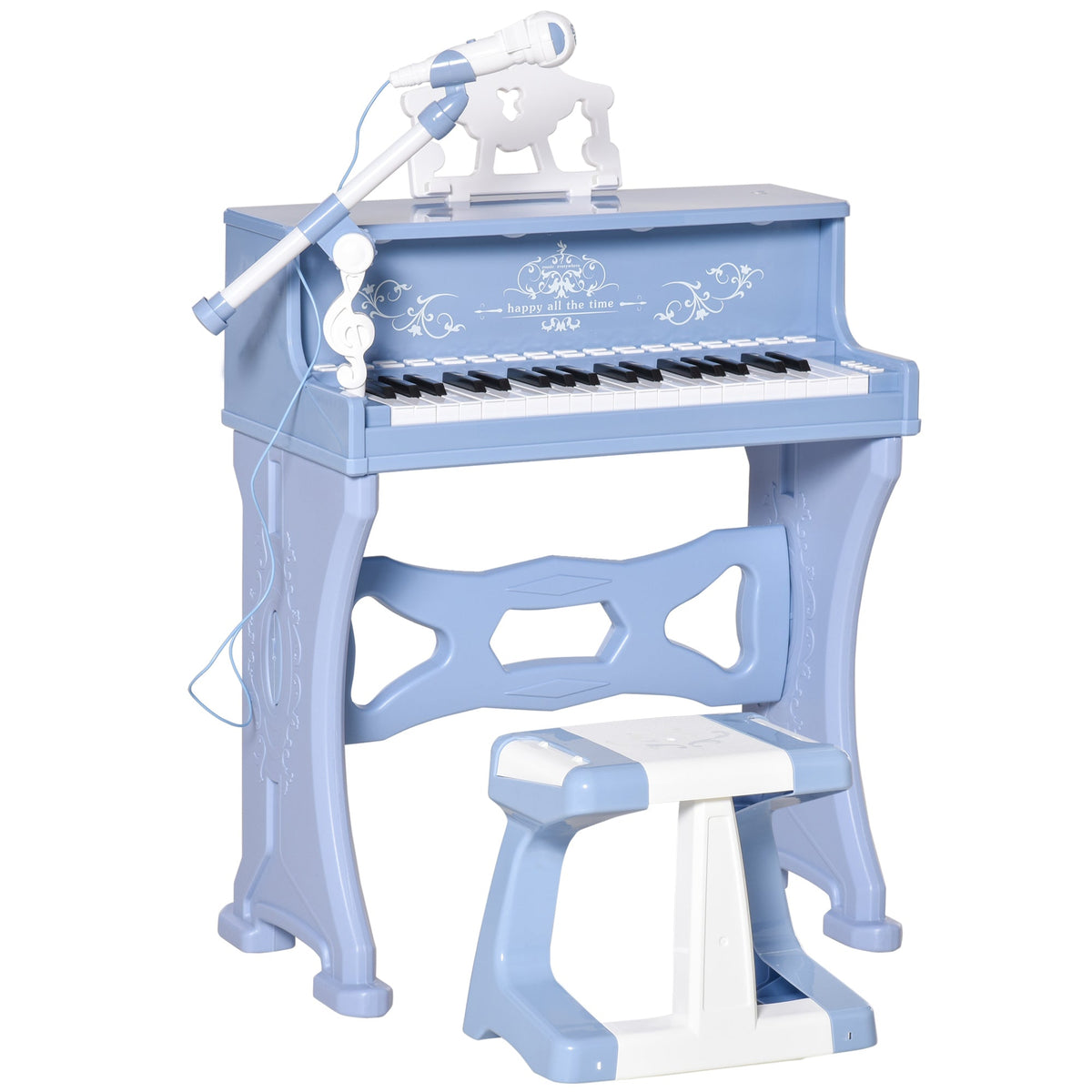 Blue kids electronic grand piano toy with 37 keys, microphone and stool for children aged 3-8 — Bambelou UK
