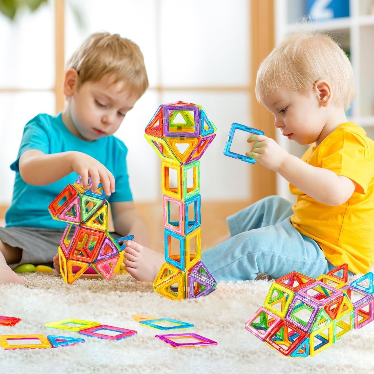110-piece magnetic building tiles with wheels – large structure built with tiles – Bambelou UK