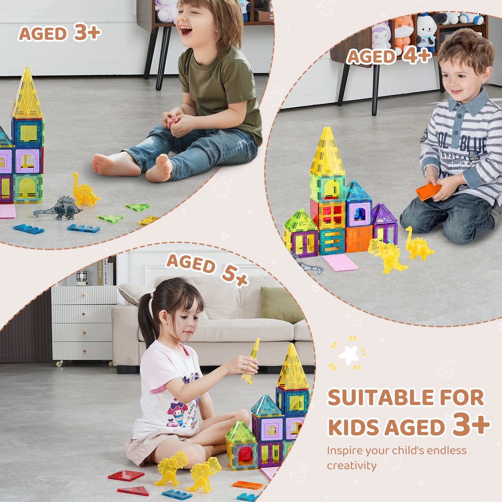 56-piece magnetic building tiles with dinosaurs – child building a structure – Bambelou UK