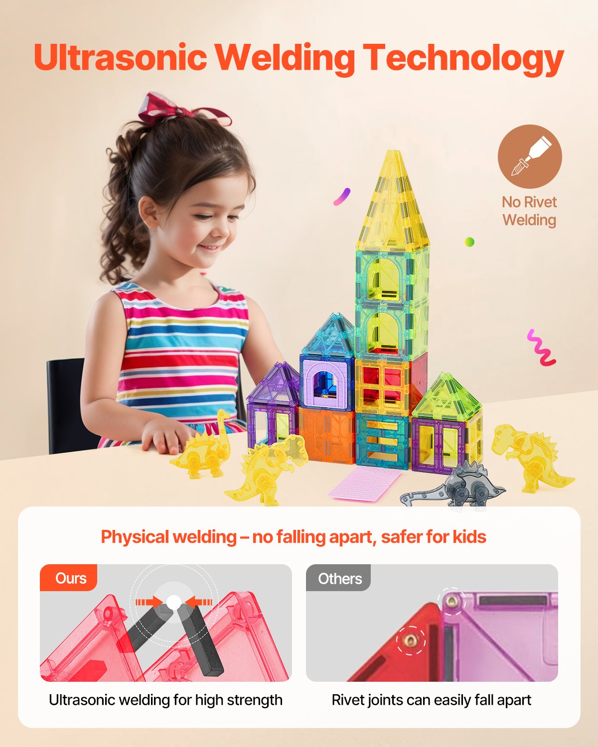 56-piece magnetic building tiles with dinosaurs – close-up of dinosaur figures – Bambelou UK