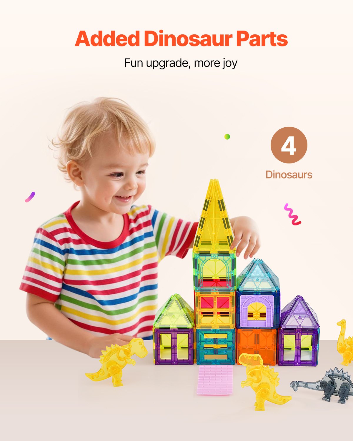 56-piece magnetic building tiles with dinosaurs – magnetic connection detail – Bambelou UK