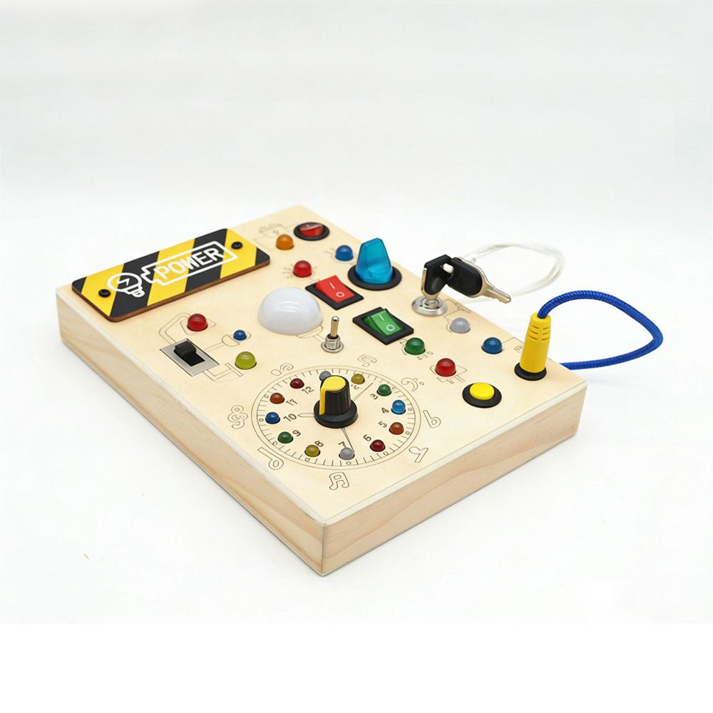 Montessori wooden busy board with LED lights for toddlers aged 1-3 — Bambelou UK
