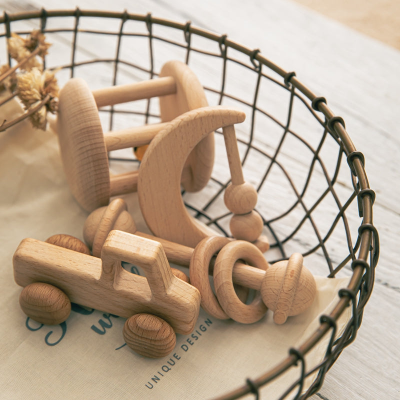 Montessori wooden baby rattle set – full collection displayed together – Bambelou UK
