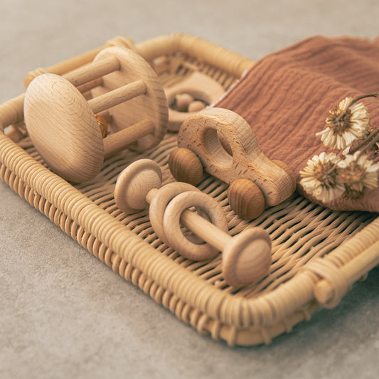Montessori wooden baby rattle set with natural wood toys for newborns aged 0 to 12 months — Bambelou UK