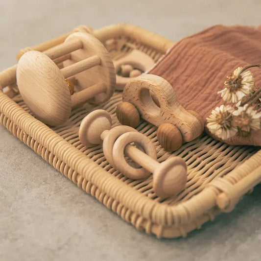 Montessori wooden baby rattle set with natural wood toys for newborns aged 0 to 12 months — Bambelou UK