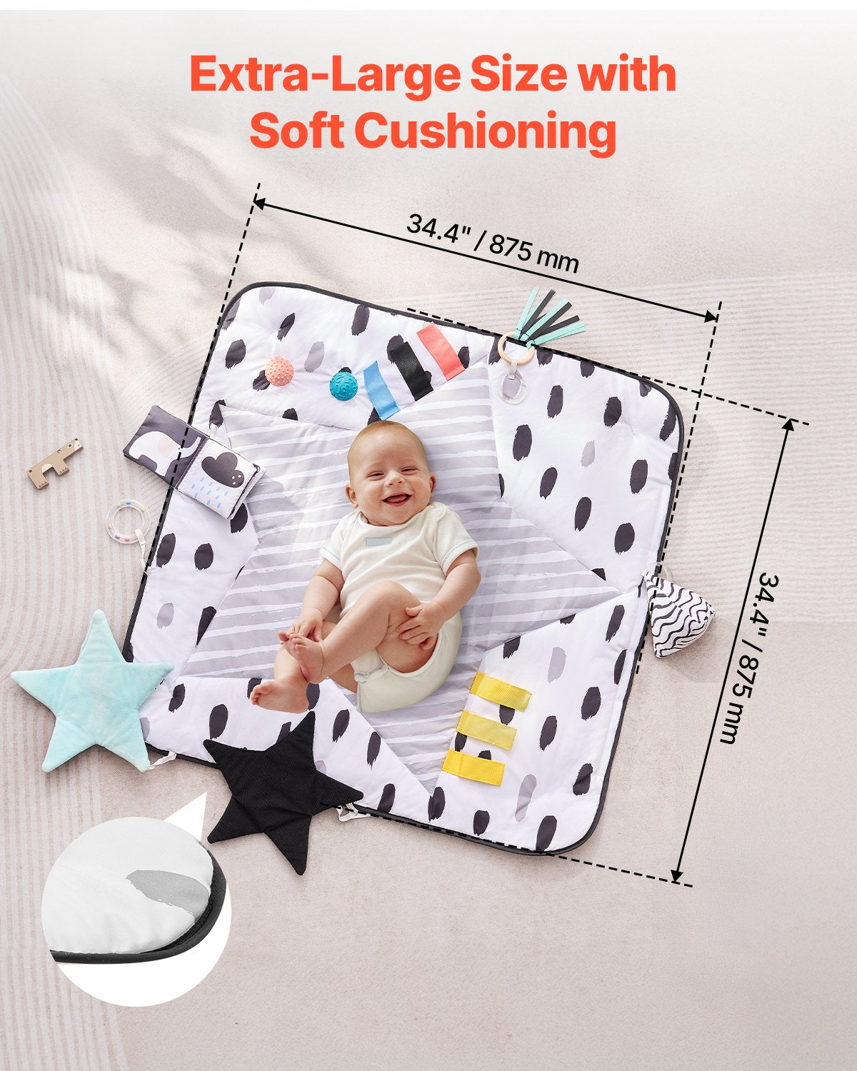 Baby play gym mat – close-up of hanging sensory toys – Bambelou UK