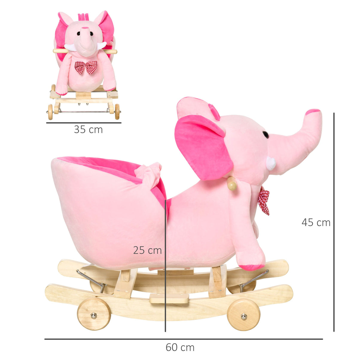 Plush rocking elephant ride-on – close-up of wooden rocker base and wheels – Bambelou UK