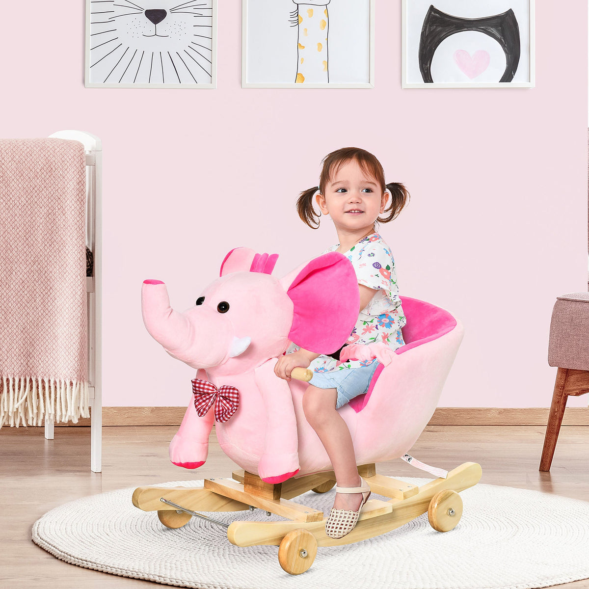 Plush rocking elephant ride-on – detail of built-in speaker and song buttons – Bambelou UK