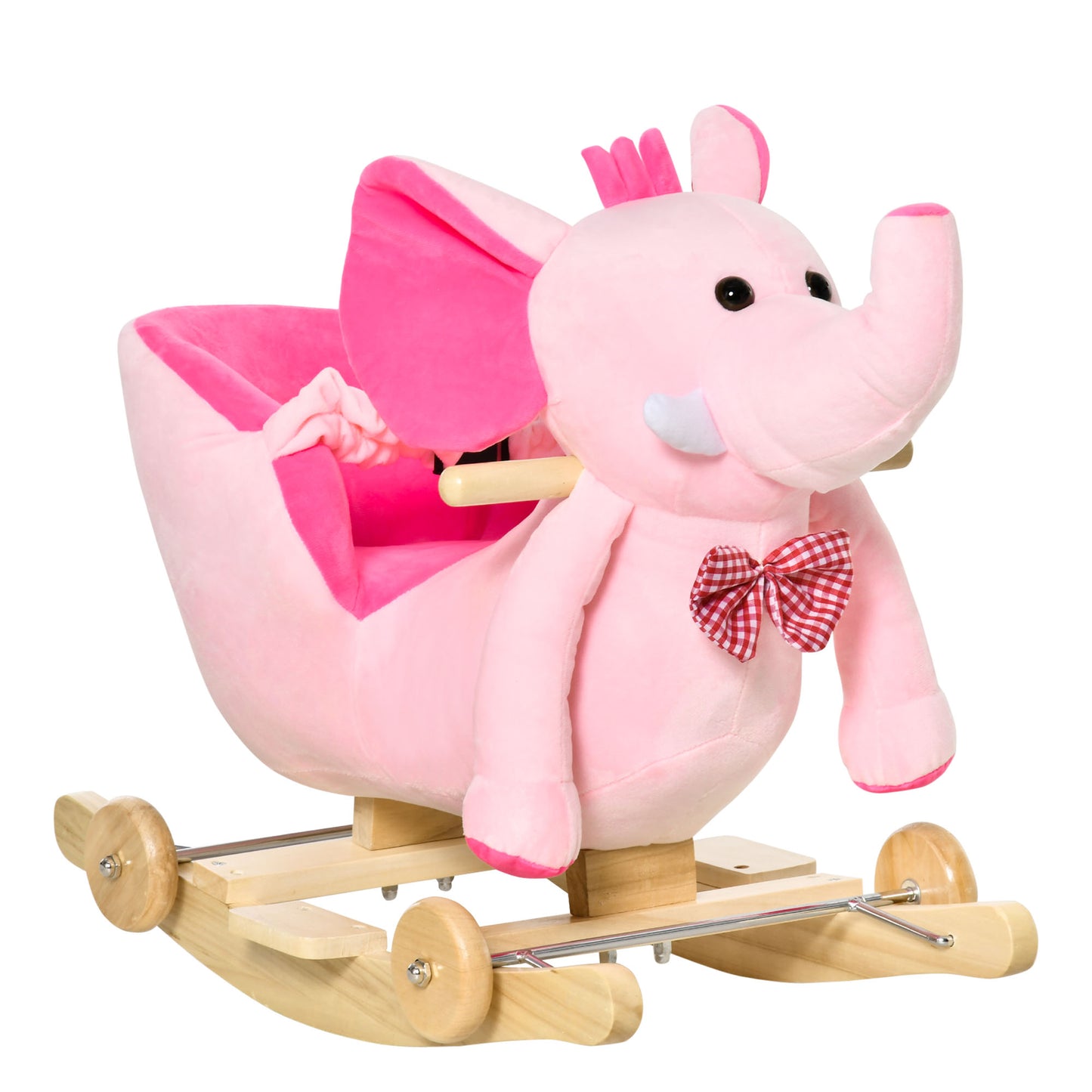 Pink plush rocking elephant ride-on toy with wooden base for toddlers aged 18 months and up — Bambelou UK