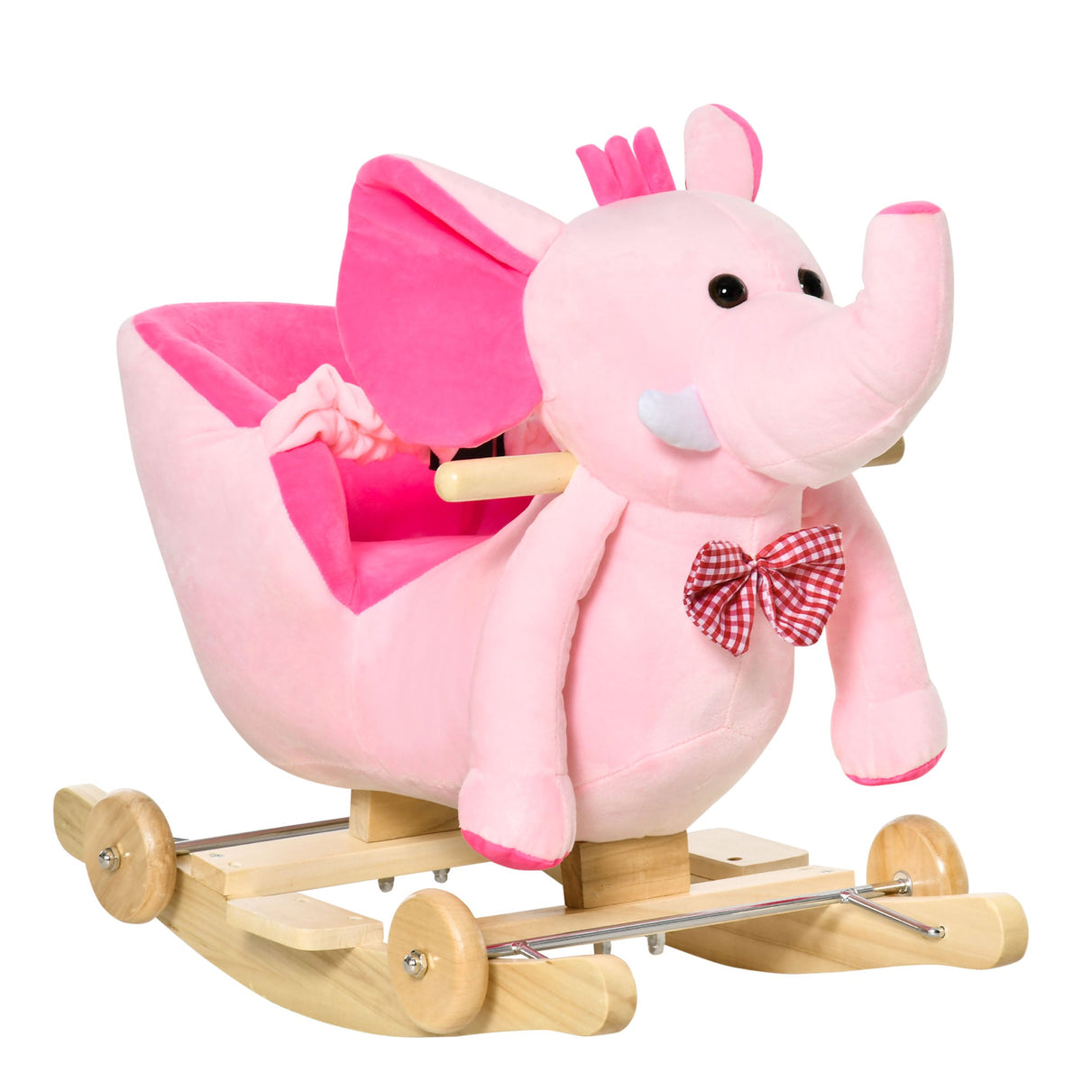 Pink plush rocking elephant ride-on toy with wooden base for toddlers aged 18 months and up — Bambelou UK