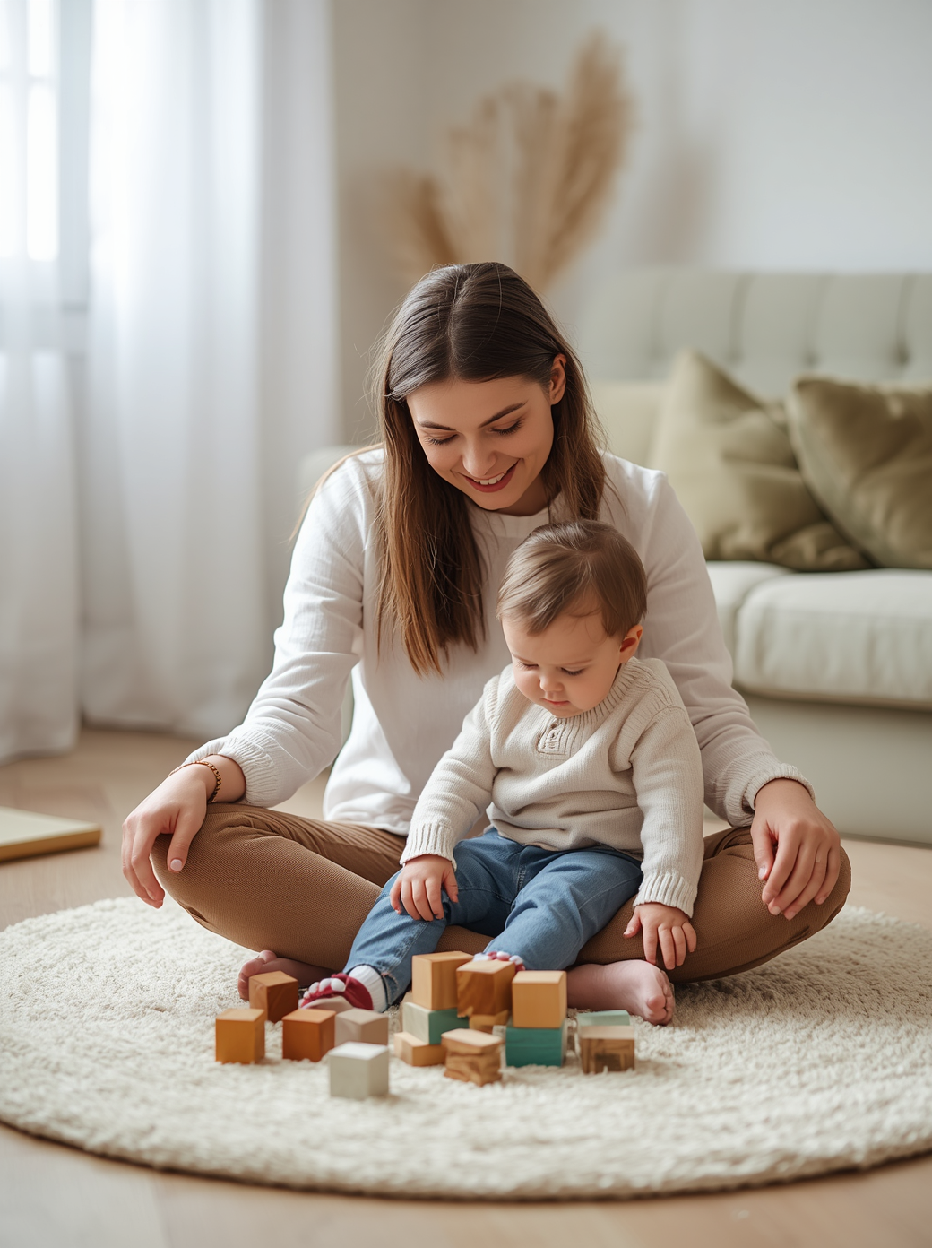 Mother and toddler playing together with safe wooden building blocks — Bambelou children's toy store based in London UK