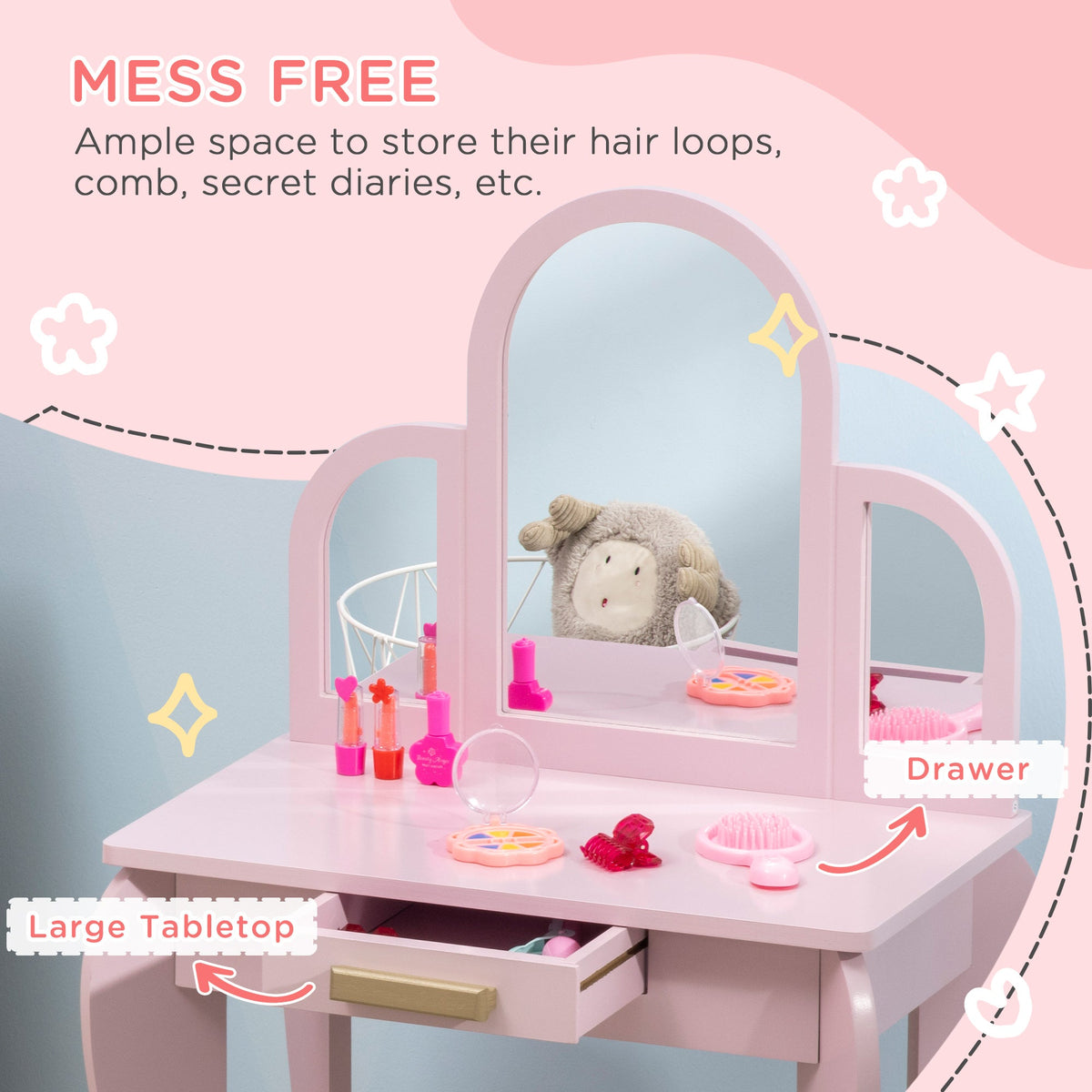 Kids wooden vanity table set – drawer and storage compartment open – Bambelou UK